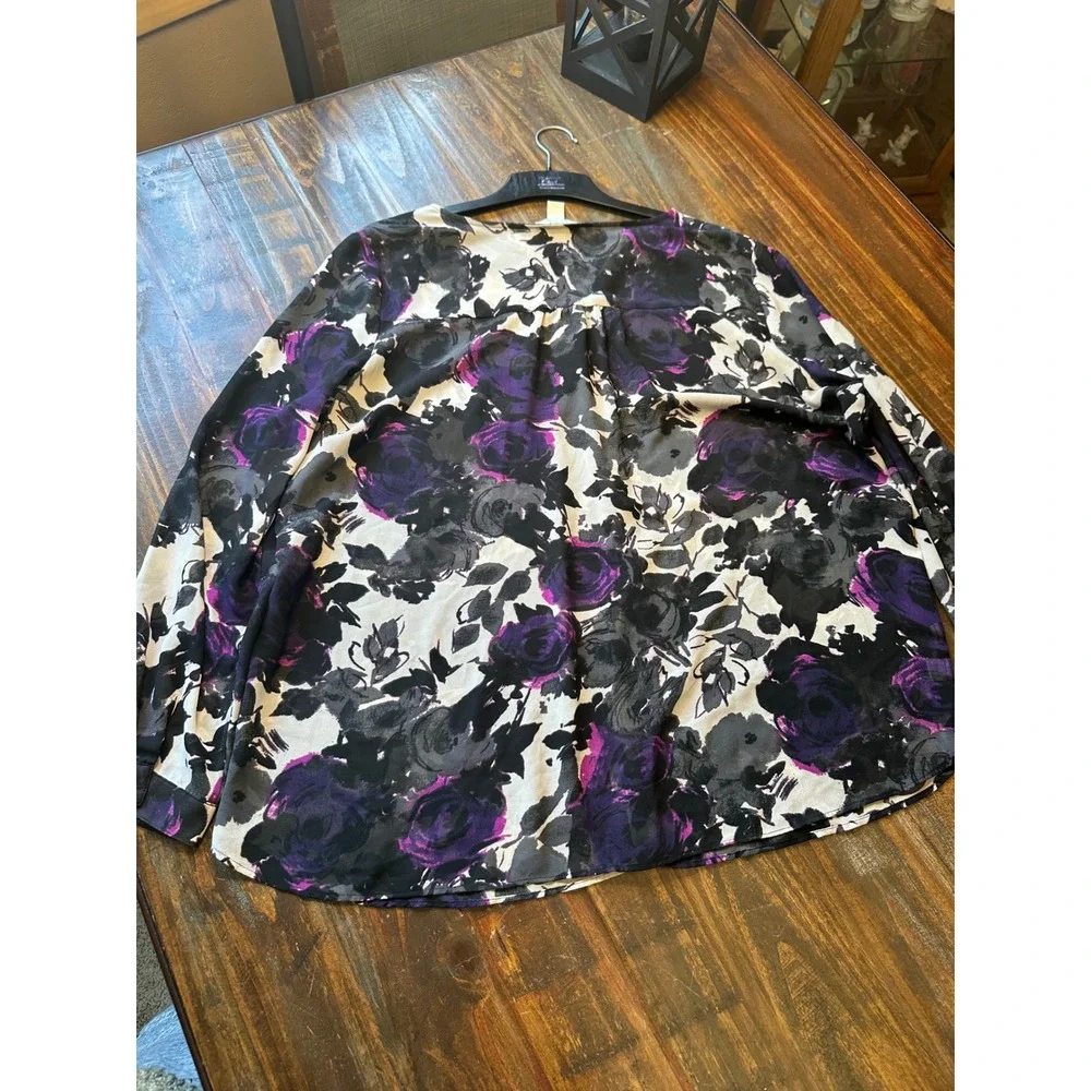 Ann Taylor LOFT Purple Black Floral Sheer‎ Chiffon V-Neck Blouse XL Long Sleeve - Picture 11 of 11